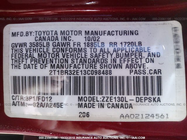 2T1BR32E13C098488 - 2003 TOYOTA COROLLA CE/LE/S RED photo 9