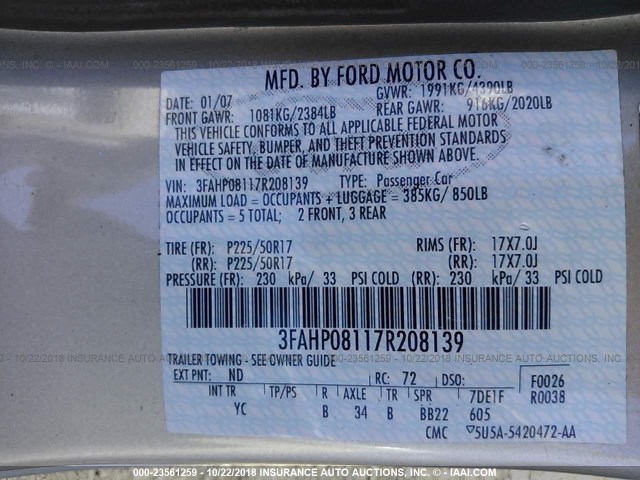 3FAHP08117R208139 - 2007 FORD FUSION SEL GOLD photo 9