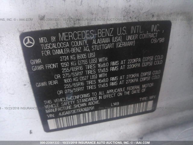 4JGAB72E7XA063791 - 1999 MERCEDES-BENZ ML 430 WHITE photo 9