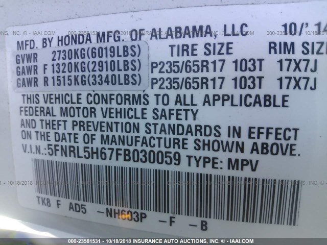 5FNRL5H67FB030059 - 2015 HONDA ODYSSEY EXL WHITE photo 9