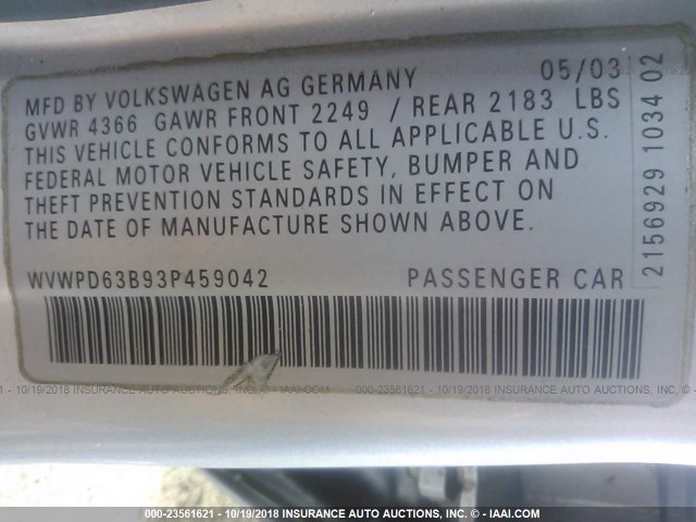 WVWPD63B93P459042 - 2003 VOLKSWAGEN PASSAT GLS SILVER photo 9