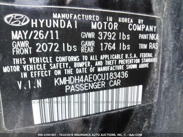 KMHDH4AE0CU183436 - 2012 HYUNDAI ELANTRA GLS/LIMITED BLACK photo 9