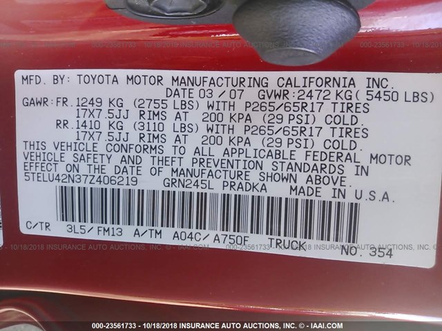 5TELU42N37Z406219 - 2007 TOYOTA TACOMA DOUBLE CAB 红色 照片 9