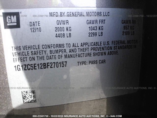 1G1ZC5E12BF270157 - 2011 CHEVROLET MALIBU 1LT GRAY photo 9