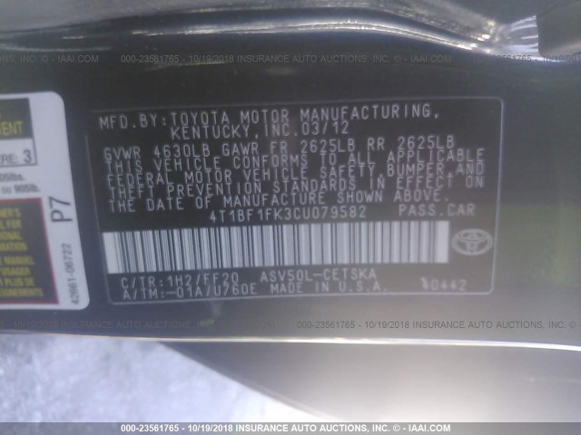 4T1BF1FK3CU079582 - 2012 TOYOTA CAMRY SE/LE/XLE Pewter photo 9