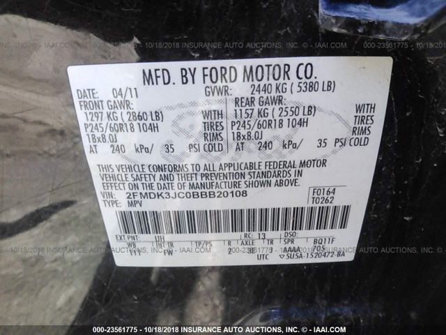 2FMDK3JC0BBB20108 - 2011 FORD EDGE SEL BLACK photo 9