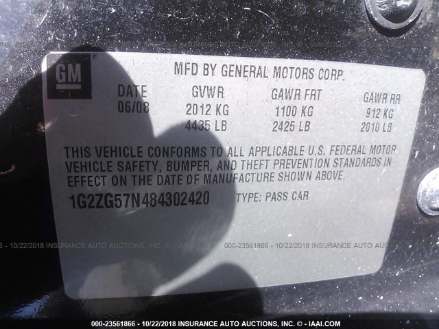 1G2ZG57N484302420 - 2008 PONTIAC G6 SE BLACK photo 9