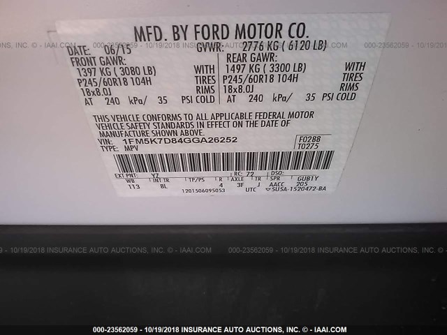 1FM5K7D84GGA26252 - 2016 FORD EXPLORER XLT WHITE photo 9