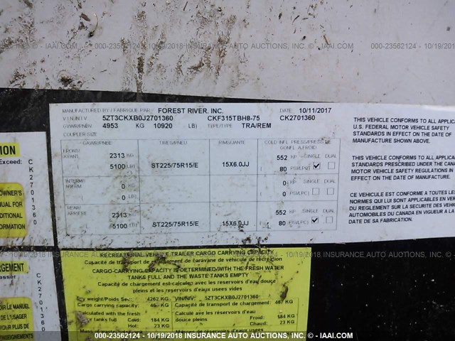 5ZT3CKXB0J2701360 - 2018 FOREST RIVER OTHER  GRAY photo 9