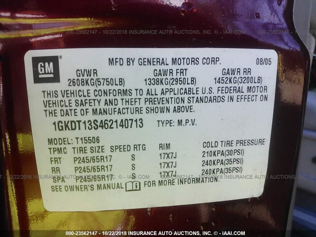 1GKDT13S462140713 - 2006 GMC ENVOY MAROON photo 9