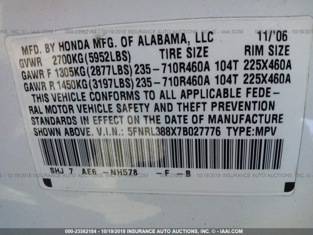 5FNRL388X7B027776 - 2007 HONDA ODYSSEY TOURING WHITE photo 9