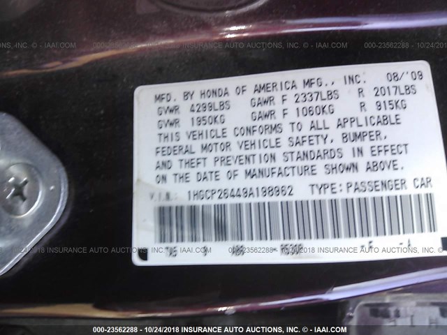 1HGCP26449A198962 - 2009 HONDA ACCORD LXP MAROON photo 9