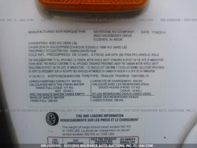 4YDT31623EB451256 - 2014 KEYSTONE OTHER  WHITE photo 9