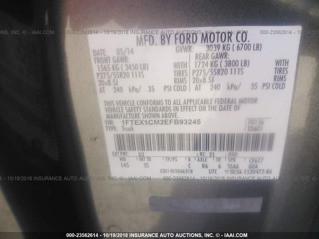 1FTEX1CM2EFB93245 - 2014 FORD F150 SUPER CAB GRAY photo 9