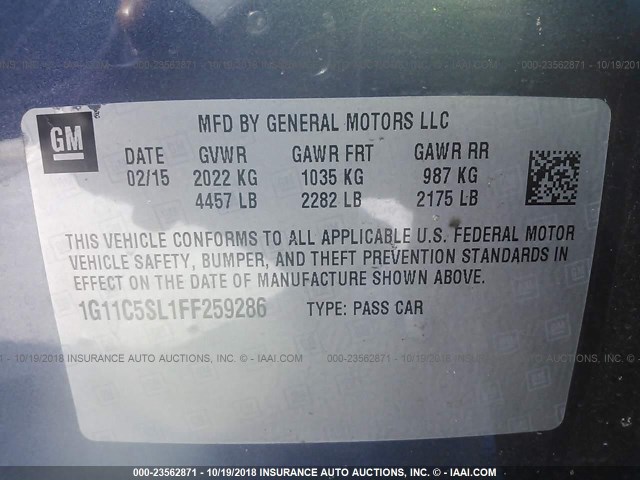 1G11C5SL1FF259286 - 2015 CHEVROLET MALIBU 1LT 蓝色 照片 9