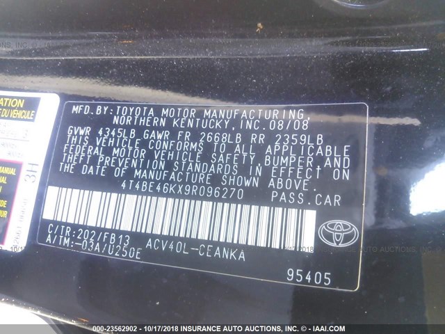 4T4BE46KX9R096270 - 2009 TOYOTA CAMRY SE/LE/XLE 黑色 照片 9