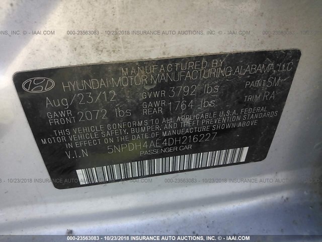 5NPDH4AE4DH216227 - 2013 HYUNDAI ELANTRA GLS/LIMITED GRAY photo 9