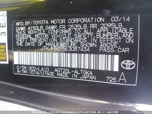 JTKJF5C75E3087434 - 2014 TOYOTA SCION TC 黑色 照片 9