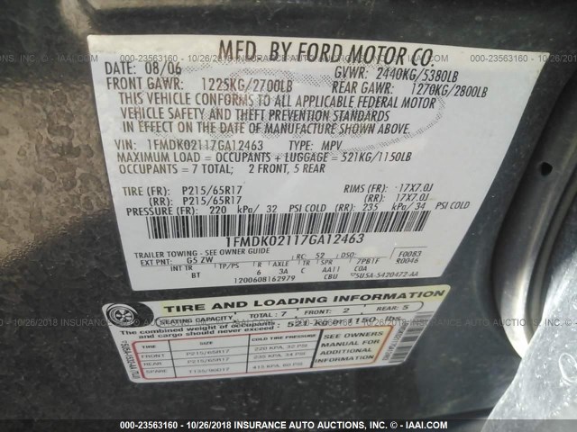 1FMDK02117GA12463 - 2007 FORD FREESTYLE SEL GRAY photo 9