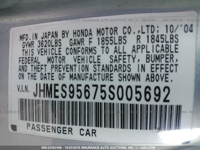 JHMES95675S005692 - 2005 HONDA CIVIC HYBRID Light Blue photo 9