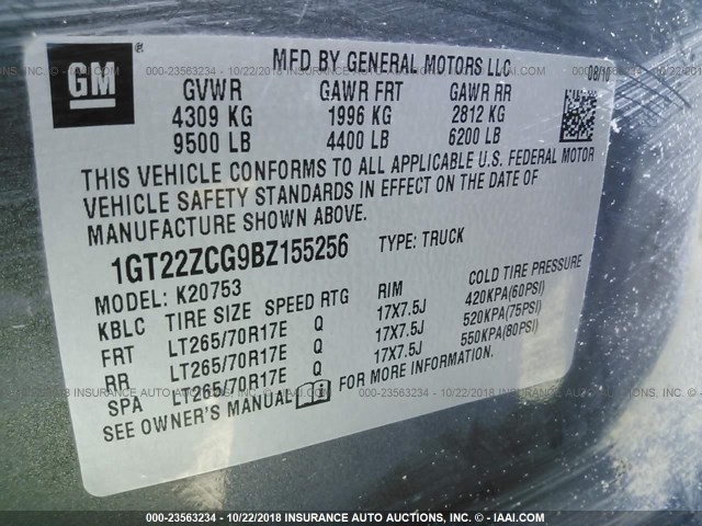 1GT22ZCG9BZ155256 - 2011 GMC SIERRA K2500 HEAVY DUTY GRAY photo 9