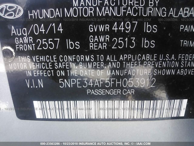 5NPE34AF5FH053912 - 2015 HYUNDAI SONATA SPORT/LIMITED SILVER photo 9