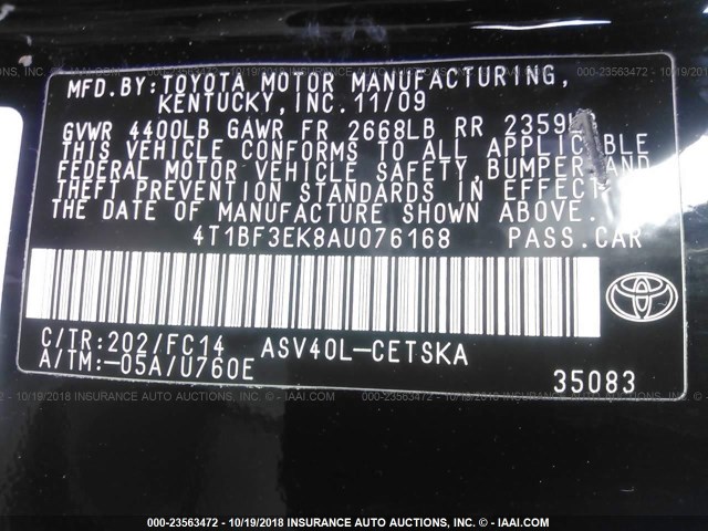 4T1BF3EK8AU076168 - 2010 TOYOTA CAMRY SE/LE/XLE BLACK photo 9