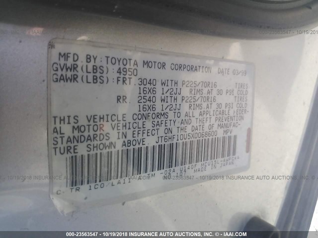 JT6HF10U5X0068600 - 1999 LEXUS RX 300 SILVER photo 9