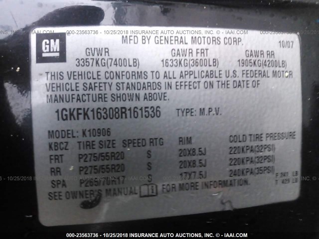 1GKFK16308R161536 - 2008 GMC YUKON XL K1500 BLACK photo 9