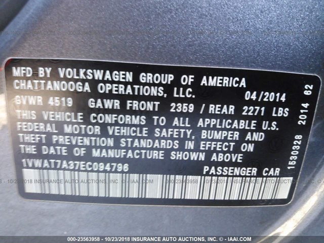 1VWAT7A37EC094796 - 2014 VOLKSWAGEN PASSAT S ნაცრისფერი ფოტო 9