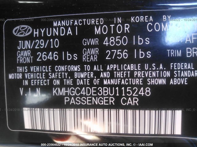 KMHGC4DE3BU115248 - 2011 HYUNDAI GENESIS 3.8L BLACK photo 9