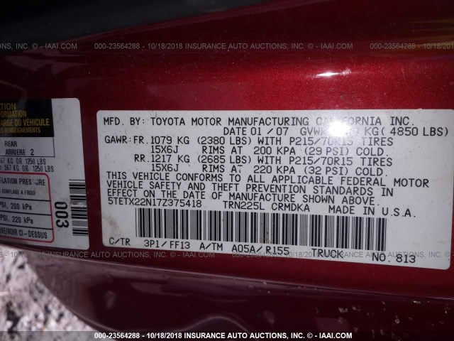 5TETX22N17Z375418 - 2007 TOYOTA TACOMA ACCESS CAB წითელი ფოტო 9