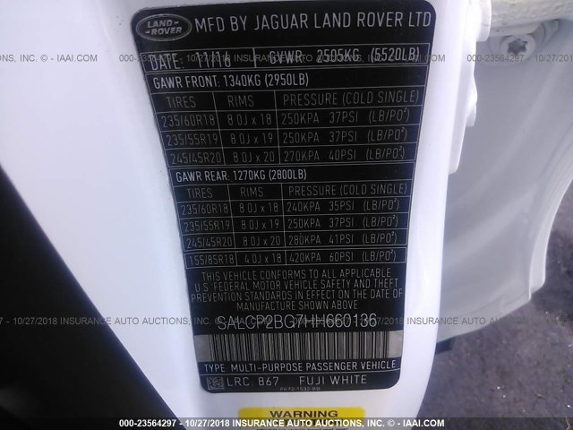 SALCP2BG7HH660136 - 2017 LAND ROVER DISCOVERY SPORT SE WHITE photo 9