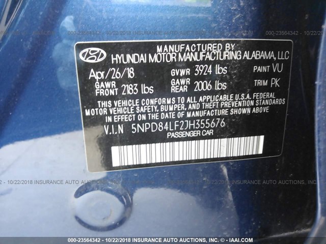 5NPD84LF2JH355676 - 2018 HYUNDAI ELANTRA SEL/VALUE/LIMITED BLUE photo 9