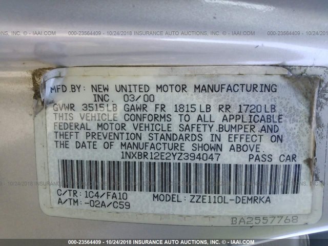 1NXBR12E2YZ394047 - 2000 TOYOTA COROLLA VE/CE/LE 银色 照片 9