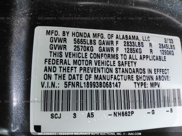 5FNRL18993B068147 - 2003 HONDA ODYSSEY EXL GRAY photo 9