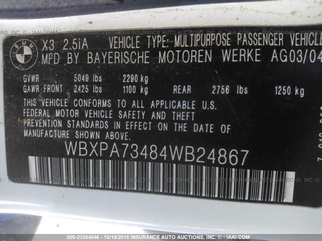 WBXPA73484WB24867 - 2004 BMW X3 2.5I WHITE photo 9