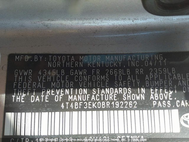 4T4BF3EK0BR192262 - 2011 TOYOTA CAMRY SE/LE/XLE SILVER photo 9