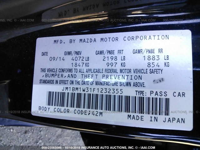 JM1BM1W31F1232355 - 2015 MAZDA 3 GRAND TOURING BLUE photo 9