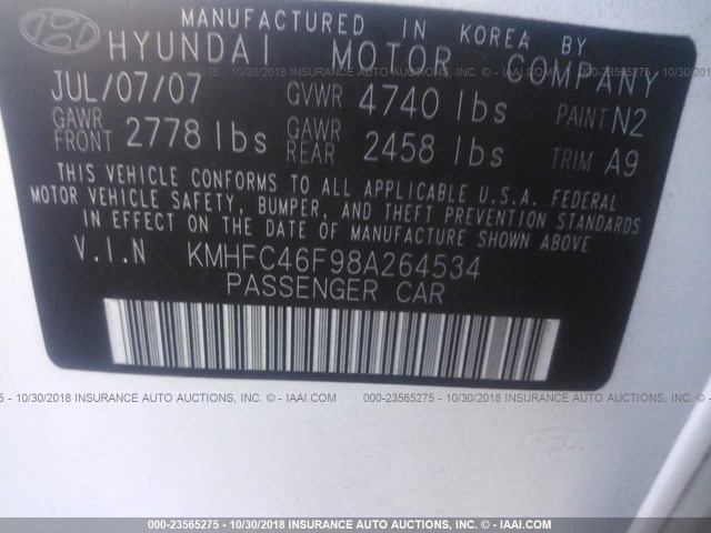 KMHFC46F98A264534 - 2008 HYUNDAI AZERA SE/LIMITED WHITE photo 9