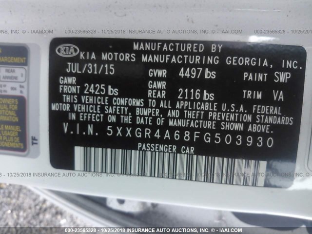 5XXGR4A68FG503930 - 2015 KIA OPTIMA SX WHITE photo 9