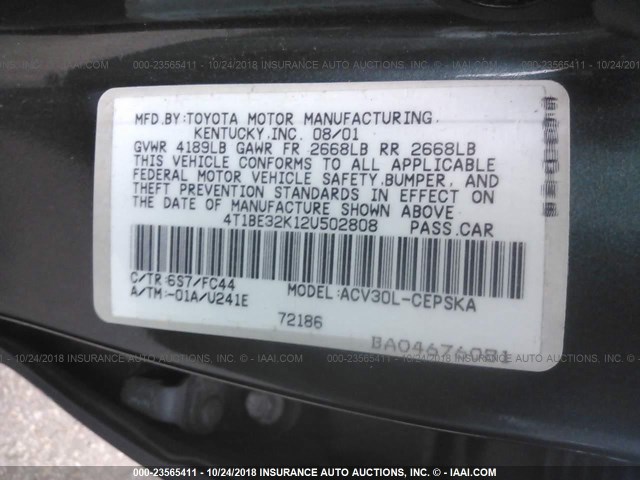 4T1BE32K12U502808 - 2002 TOYOTA CAMRY LE/XLE/SE GREEN photo 9