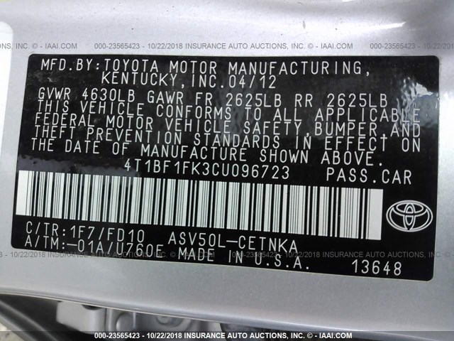 4T1BF1FK3CU096723 - 2012 TOYOTA CAMRY SE/LE/XLE SILVER photo 9