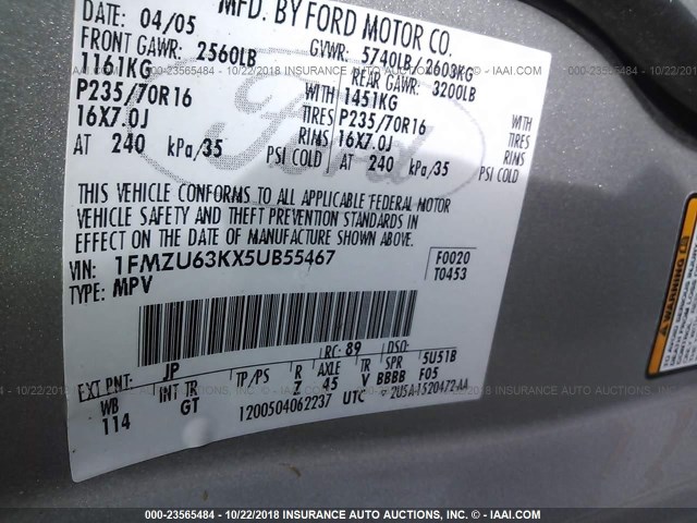 1FMZU63KX5UB55467 - 2005 FORD EXPLORER XLT/XLT SPORT/NBX 银色 照片 9