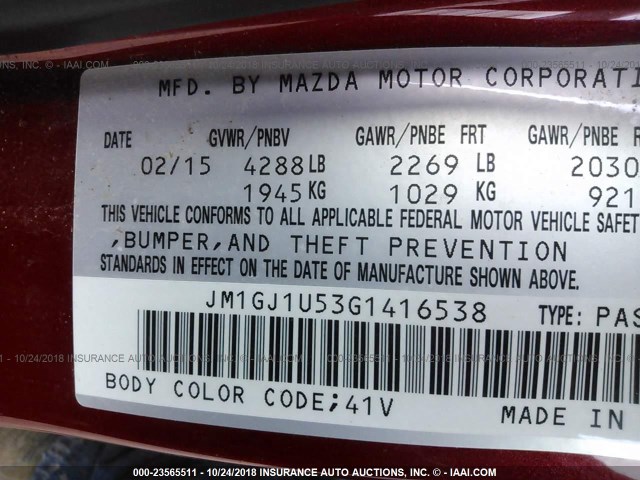 JM1GJ1U53G1416538 - 2016 MAZDA 6 SPORT RED photo 9