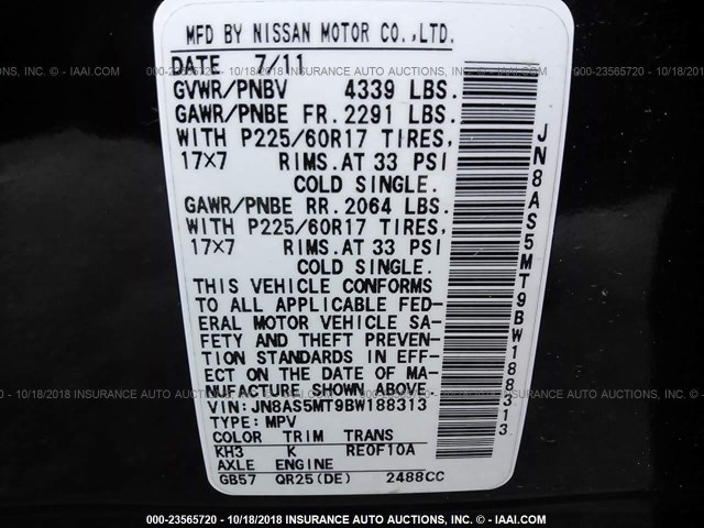 JN8AS5MT9BW188313 - 2011 NISSAN ROGUE S/SV/KROM BLACK photo 9