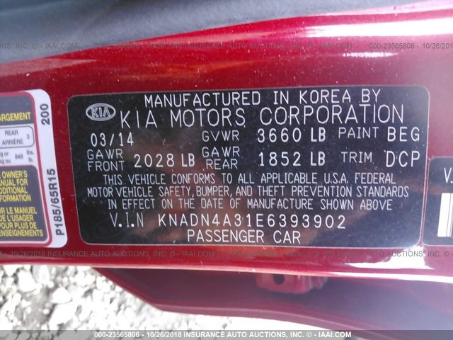 KNADN4A31E6393902 - 2014 KIA RIO EX RED photo 9