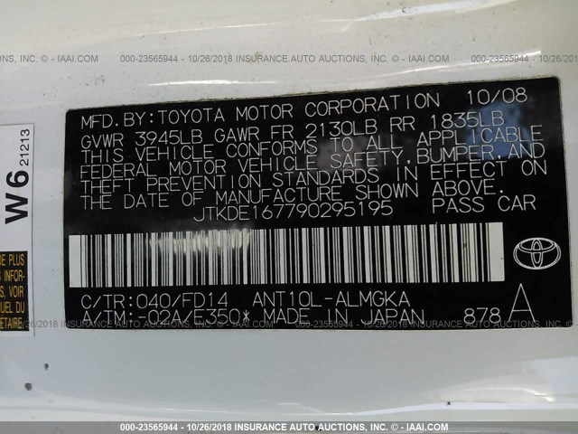 JTKDE167790295195 - 2009 TOYOTA SCION TC 白色 照片 9