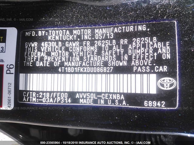 4T1BD1FKXDU086827 - 2013 TOYOTA CAMRY HYBRID/LE/XLE BLACK photo 9