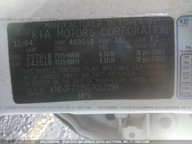 KNDJF723557052399 - 2005 KIA NEW SPORTAGE  WHITE photo 9